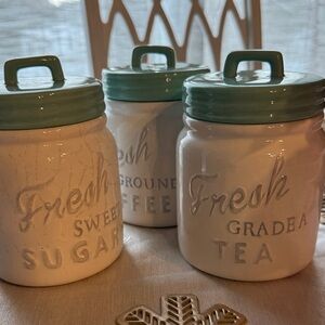 Ceramic Kitchen Canister Set with robin’s egg blue Lids